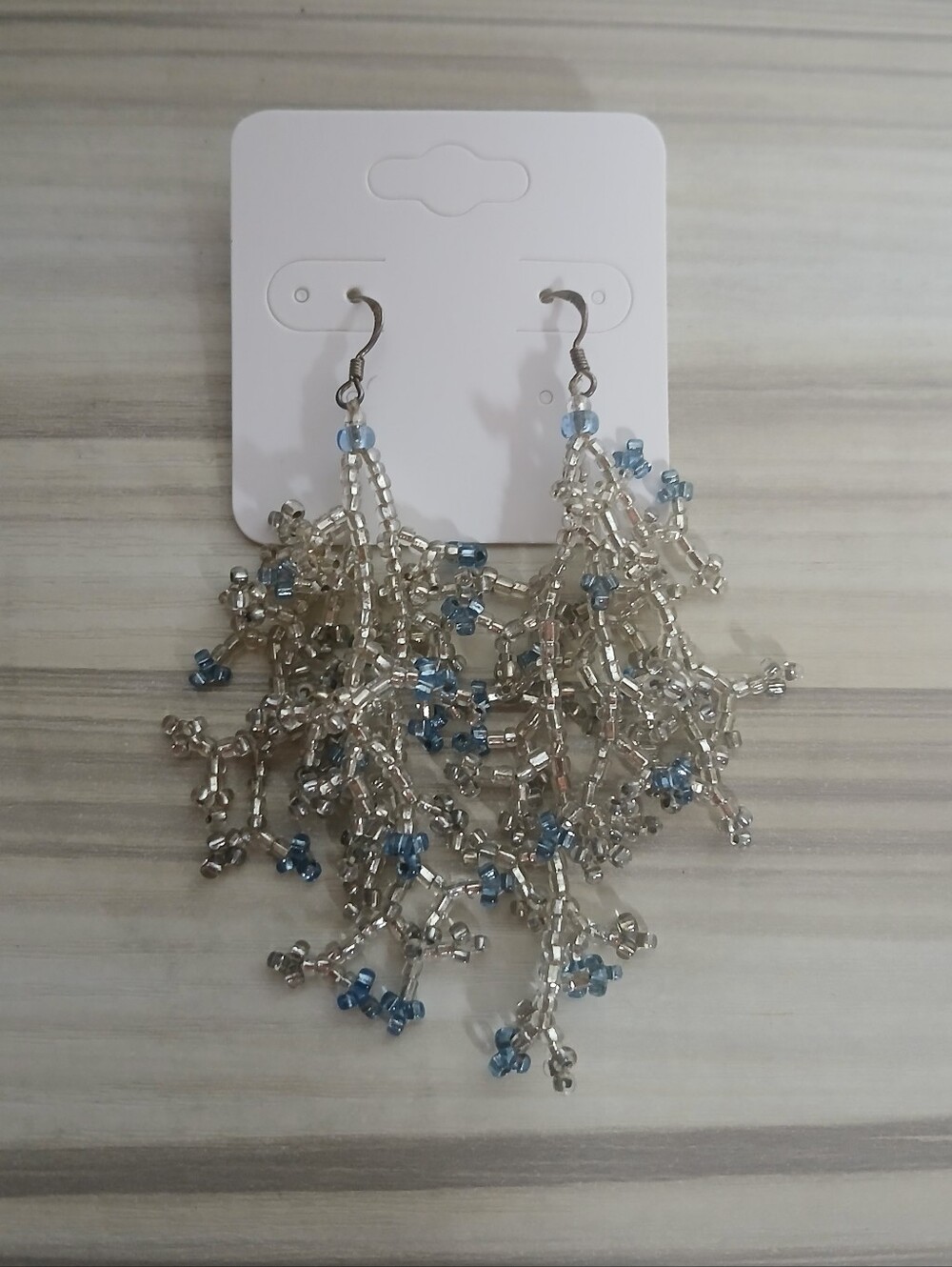 Handmade Seed Bead Clear & Ice Blue Dangle Earrings Sterling French Wires